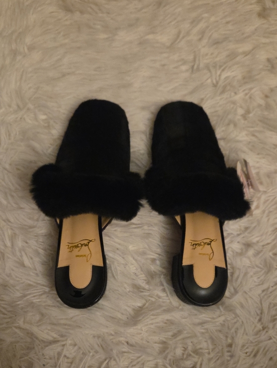 Christian Louboutin Shoes - Black Fur Slide Mules - Women